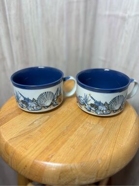 Vintage Japanese Stoneware Seashell Soup Mugs Set of Two Nautical Coastal Decor